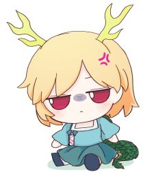 Rule 34 | 1girl, angry, antlers, blonde hair, blue shirt, blue skirt, dragon girl, dragon horns, dragon tail, fumo (doll), highres, horns, kicchou yachie, rei (tonbo0430), shaded face, shirt, short hair, simple background, skirt, solo, tail, touhou, turtle shell, white background