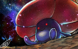 Rule 34 | arm support, closed mouth, commentary request, creatures (company), from below, game freak, gen 1 pokemon, glowing, glowing eyes, kaosu (kaosu0905), night, night sky, nintendo, outdoors, pokemon, red eyes, signature, sitting, sky, smile, vileplume