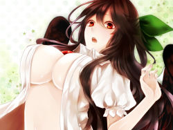 Rule 34 | 1girl, apt, arched back, bad id, bad pixiv id, black hair, bow, breasts, brown hair, female focus, hair bow, large breasts, long hair, no bra, open clothes, open mouth, open shirt, red eyes, reiuji utsuho, shirt, solo, touhou, upper body