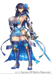 Rule 34 | bad proportions, blue eyes, blue flower, blue legwear, breasts, flower, full body, hair flower, hair ornament, hand on own hip, holding, holding sword, holding weapon, huge breasts, knight, koutetsu no shugo hime heidan-maiden ritter-, long hair, melon22, official art, purple hair, sideboob, solo, standing, sword, watermark, weapon