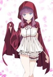 Rule 34 | 1girl, blue eyes, blush, breasts, brown hair, cloak, frilled shorts, frills, head tilt, highres, hood, hooded cloak, large breasts, long hair, looking at viewer, new game!, petals, red cloak, shirt, short shorts, shorts, sidelocks, smile, solo, standing, takimoto hifumi, thigh strap, white background, white shirt, white shorts