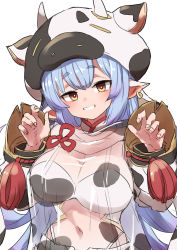 Rule 34 | 1girl, animal print, blue hair, breasts, cow hat, cow print, draph, earrings, gazacy (dai), granblue fantasy, highres, jewelry, large breasts, long hair, looking at viewer, navel, pointy ears, see-through, catura (granblue fantasy), simple background, smile, solo, white background
