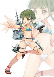 Rule 34 | 1girl, absurdres, adapted turret, anti-aircraft, anti-aircraft gun, bikini, bob cut, braid, brown eyes, cannon, clothes writing, commentary request, flat chest, gatling gun, green hair, highres, js takanami (kancolle), kantai collection, machinery, mismatched bikini, short hair, short hair with long locks, sidelocks, simple background, solo, standing, standing on one leg, swimsuit, takanami (kancolle), turret, white background, yashin (yasinz), zoom layer