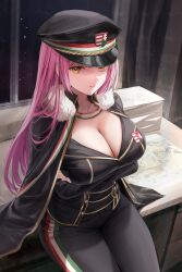 Rule 34 | 1girl, absurdres, blush, breasts, cleavage, cross, fur collar, gloves, hat, highres, jacket, large breasts, lillly, long hair, long sleeves, looking at viewer, military, military hat, military jacket, military uniform, original, pants, pink hair, sitting, solo, two-barred cross, uniform, very long hair, yellow eyes