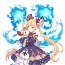 Rule 34 | animal, blonde hair, blue fire, dress, european clothes, fire, green eyes, highres, holding, holding animal, long hair, looking at viewer, luna (shadowverse), magic, official art, pet, princess connect!, shadowverse, tachi-e, transparent background, twintails