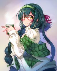 Rule 34 | 1girl, aran sweater, bespectacled, braid, cable knit, closed mouth, coffee mug, commentary request, cup, fringe trim, fujino (yoshi9798174), glasses, green eyes, green hair, green scarf, hair between eyes, hair over shoulder, hair ribbon, hairband, hands up, holding, holding cup, long hair, long sleeves, looking at viewer, looking to the side, mug, plaid, plaid scarf, red-framed eyewear, red ribbon, ribbon, scarf, sidelocks, single braid, sleeves past wrists, smile, solo, steam, sweater, touhoku zunko, turtleneck, turtleneck sweater, upper body, very long hair, vocaloid, voiceroid