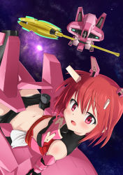 Rule 34 | 1girl, alice gear aegis, black gloves, commentary request, elbow gloves, gloves, highres, himukai rin, horns, kohshibasaki, looking at viewer, mace, mecha musume, mechanical horns, midriff, navel, open mouth, pink eyes, polearm, red hair, short hair, solo, space, star (sky), weapon