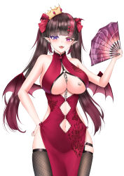 Rule 34 | 1girl, absurdres, breasts, brown hair, chain, china dress, chinese clothes, commission, crown, demon wings, dress, ear piercing, fangs, floral print, hair ornament, hand fan, highres, holding, holding fan, large breasts, long hair, looking at viewer, match (scp115), navel, open mouth, original, piercing, pink eyes, pink hair, pointy ears, purple eyes, red nails, rose print, simple background, skeb commission, solo, thighhighs, tongue, white background, wings