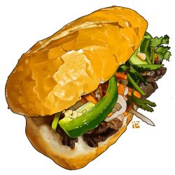 Rule 34 | baguette, banh mi, beef, bread, carrot, chili pepper, commentary, english commentary, food, food focus, jalapeno pepper, no humans, onion, original, parsley, sandwich, simple background, studiolg, submarine sandwich, white background