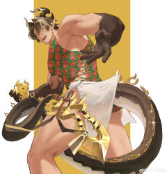 Rule 34 | 1boy, abs, absurdres, arknights, ass, bara, black hair, china dress, chinese clothes, chong yue (arknights), dragon boy, dragon horns, dragon tail, dress, earrings, haruki (haruki096), highres, horns, jewelry, large pectorals, male focus, multicolored hair, muscular, muscular male, nipples, open mouth, pectorals, pointy ears, short hair, smile, solo, tail, thick thighs, thighs, towel, towel around waist, two-tone hair, white hair