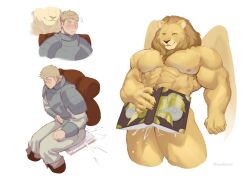 Rule 34 | 2boys, abs, anal, armor, artist name, bara, blonde hair, blush, book, completely nude, cum, cum in pussy, dungeon meshi, furry, furry male, gauntlets, highres, holding, holding book, kawaakumma, laios touden, large pectorals, male focus, manly, mature male, multiple boys, muscular, muscular male, nipples, nude, open book, pants, pectorals, short hair, simple background, smirk, thick arms, thick eyebrows, thick thighs, thighs, twitter username, white background, winged lion (dungeon meshi), wings, yaoi, yellow eyes