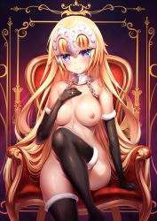 Rule 34 | 1girl, bad id, bad pixiv id, black gloves, black thighhighs, blonde hair, blue eyes, blush, breasts, chain, chair, closed mouth, collarbone, elbow gloves, fate/grand order, fate (series), framed, fur-trimmed gloves, fur-trimmed legwear, fur trim, glint, gloves, hair between eyes, hair in own mouth, hand on own chest, hand up, headpiece, heart, heart-shaped pupils, highres, jeanne d&#039;arc (fate), jeanne d&#039;arc (ruler) (fate), jeanne d&#039;arc (third ascension) (fate), jewelry, knee up, large breasts, long hair, looking at viewer, meion, nipples, nude, on chair, purple background, ring, shiny clothes, shiny skin, sitting, smile, solo, sparkle, symbol-shaped pupils, thighhighs, very long hair, wedding band