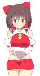 Rule 34 | 1girl, absurdres, akabeco, bare shoulders, blush, bow, breasts, brown hair, closed mouth, cookie (touhou), detached sleeves, hair bow, hair tubes, hakurei reimu, highres, large breasts, looking at viewer, red bow, red eyes, reu (cookie), short hair, smile, solo, touhou