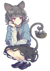 Rule 34 | 1girl, animal ears, basket, black footwear, blue cape, blush, cape, capelet, dress, grey dress, grey hair, grey skirt, hand on own face, highres, jewelry, long sleeves, mouse (animal), mouse ears, mouse tail, nazrin, pendant, red eyes, shirt, shoes, short hair, skirt, skirt set, socks, solo, tail, touhou, uranaishi (miraura), white background, white shirt, white socks