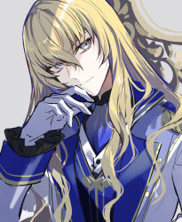 Rule 34 | 1boy, ascot, black shirt, blonde hair, blue ascot, blue vest, closed mouth, commentary, expressionless, fate/grand order, fate (series), frilled sleeves, frills, gloves, gold trim, grey background, grey eyes, hair between eyes, hand on own chin, hand up, highres, jacket, kirschtaria wodime, long hair, long sleeves, looking at viewer, looking to the side, male focus, official alternate costume, pale skin, poppoman, shirt, simple background, sketch, sleeve cuffs, solo, upper body, vest, white gloves, white jacket