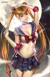 Rule 34 | 1girl, alex malveda, arm up, bishoujo senshi sailor moon, blonde hair, blue eyes, blue sailor collar, breasts, choker, cleavage, collarbone, earrings, gloves, jewelry, large breasts, long hair, miniskirt, moon, pale skin, pleated skirt, sailor collar, sailor moon, skin tight, skirt, smile, solo, tsukino usagi, twintails