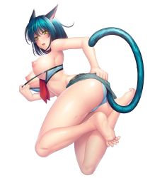 Rule 34 | 00s, 1girl, :3, aikawa arisa, animal ears, bare legs, barefoot, blue hair, blush, breasts, cat ears, cat girl, feet, female focus, game cg, highres, large breasts, lilith-soft, long hair, looking at viewer, lying, merci (taimanin asagi), nipples, official art, open mouth, puffy nipples, shiny skin, short hair, smile, solo, taimanin (series), taimanin asagi, taimanin asagi kessen arena, taimanin rpgx, white background, yellow eyes