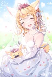 Rule 34 | 1girl, ^ ^, absurdres, ahoge, animal ears, bare shoulders, blonde hair, blue sky, blurry, blurry background, blush, braid, breasts, bridal veil, choker, cleavage, closed eyes, cloud, cloudy sky, collarbone, commentary, creature, dress, elbow gloves, english commentary, facial hair, facing viewer, falling petals, flower, fox ears, fox girl, fox tail, gloves, grass, hair flower, hair ornament, hair over shoulder, hair ribbon, head tilt, highres, holding, holding creature, hololive, kio is here, long hair, multicolored hair, mustache, off-shoulder dress, off shoulder, omaru polka, open mouth, outdoors, petals, pink flower, pink hair, pink rose, rainbow, ribbon, rose, side braid, signature, sky, small breasts, smile, streaked hair, tail, teeth, twitter username, upper teeth only, veil, virtual youtuber, wedding dress, white choker, white dress, white gloves, zain (omaru polka)