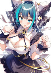 Rule 34 | 1girl, absurdres, aqua eyes, azur lane, blush, breasts, cheshire (azur lane), cleavage, detached sleeves, dress, frills, hairband, hands up, highres, large breasts, looking at viewer, maid headdress, multicolored hair, nenobi (nenorium), puffy sleeves, ribbon, smile, solo, streaked hair, thighhighs, wrist cuffs