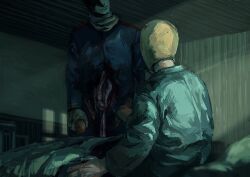 Rule 34 | 2boys, amputee, arms at sides, belt, blood, blood on face, blue jacket, blue robe, closed mouth, commentary request, disembowelment, facing away, ghost, golden kamuy, guro, head out of frame, head tilt, helmet, highres, holding, indoors, intestines, jacket, light particles, male focus, moonbeam, moonlight, multiple boys, night, nikaidou kouhei, nikaidou youhei, on bed, open belt, osakanaman 7, partially unbuttoned, robe, scarf, siblings, sitting, twins, under covers, window shadow