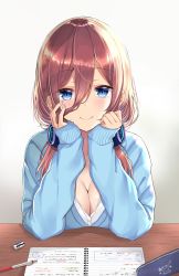 Rule 34 | 1girl, akino ell, blue cardigan, blue eyes, blush, breasts, brown hair, cardigan, character name, cleavage, closed mouth, collared shirt, dress shirt, eraser, fingernails, go-toubun no hanayome, grey background, hair between eyes, hands up, head on hand, head rest, headphones, headphones around neck, highres, large breasts, long hair, long sleeves, looking at viewer, mechanical pencil, nakano miku, pencil, pencil case, shirt, sidelocks, sleeves past wrists, smile, solo, tareme, upper body, white shirt