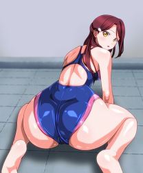 Rule 34 | 10s, 1girl, ass, bad anatomy, bare shoulders, competition swimsuit, from behind, hair ornament, half updo, legs, long hair, looking at viewer, looking back, love live!, love live! sunshine!!, monteriakitto, one-piece swimsuit, parted lips, red hair, sakurauchi riko, shoulder blades, sitting, solo, swimsuit, thighs, wariza, yellow eyes