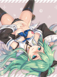 Rule 34 | 10s, 1girl, black bra, black panties, black ribbon, black thighhighs, blue neckerchief, blush, bra, breasts, commentary request, detached sleeves, green eyes, green hair, hair between eyes, heart pasties, kantai collection, kumao mofumofu, long hair, looking at viewer, lying, neckerchief, on back, panties, parted bangs, pasties, ribbon, small breasts, smile, solo, spread legs, sweat, thighhighs, underwear, yamakaze (kancolle)