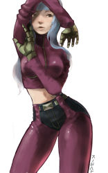 Rule 34 | 1girl, blue hair, gloves, kula diamond, long hair, red eyes, snk, solo, the king of fighters