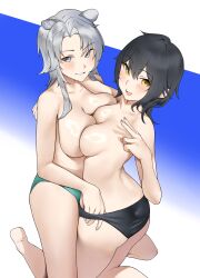 2girls :d absurdres animal_ear_fluff animal_ears ass asymmetrical_docking barefoot bikini bikini_bottom_only black_bikini black_hair blue_background breast_press breasts dia_(flex_frontline) gradient_background green_bikini green_eyes grey_hair grin highres large_breasts medium_breasts medium_hair melody_horizon_(flex_frontline) multiple_girls open_mouth original saya_endo_(27) smile swimsuit thighs tongue topless v white_background yellow_eyes yuri