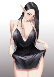 Rule 34 | 1girl, black hair, blue eyes, blueorca, breasts, bright pupils, closed mouth, clothes lift, commentary, cowboy shot, dress, dress lift, elf, gradient background, highres, large breasts, lifting own clothes, long hair, looking at viewer, mole, mole under mouth, original, pointy ears, simple background, solo, white pupils