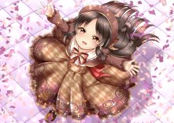 Rule 34 | 1girl, :d, beret, blush, brown eyes, brown footwear, brown hair, brown hat, brown jacket, brown skirt, center frills, confetti, frills, from above, hat, high-waist skirt, idolmaster, idolmaster cinderella girls, jacket, juliet sleeves, loafers, long hair, long sleeves, looking at viewer, looking up, open mouth, outstretched arms, parted bangs, plaid, plaid skirt, pleated skirt, puffy sleeves, regular mow, shirt, shoes, sidelocks, skirt, sleeves past wrists, smile, solo, standing, tachibana arisu, tile floor, tiles, very long hair, white shirt