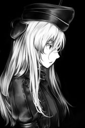 Rule 34 | 1girl, bcrow, garrison cap, greyscale, hair between eyes, hat, kantai collection, long hair, looking to the side, monochrome, solo, uniform