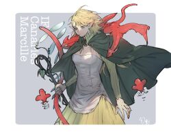 Rule 34 | 1girl, alternate costume, alternate universe, ambrosia (dungeon meshi), bags under eyes, bird, blonde hair, border, breasts, cleavage, cloak, cosplay, dragon, dress, dungeon meshi, elf, english text, gorget, green cloak, green eyes, grey background, highres, holding, holding staff, hood, hooded cloak, i9ipguya, long hair, marcille&#039;s familiar, marcille donato, medium breasts, messy hair, notched ear, pointy ears, robe, simple background, skyfish (cryptid), solo, staff, strapless, strapless dress, white border, white dress, wyvern
