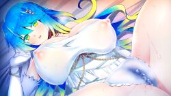 Rule 34 | 1girl, arms up, bed, blush, breasts, breath, cameltoe, cleavage, covered erect nipples, eliza (gamma dimension), eyebrows hidden by hair, female focus, from above, game cg, gamma dimension: alpha &amp; beta fan disk, gloves, green eyes, groin, large breasts, legs, long hair, looking at viewer, lying, multicolored hair, nanahoshi dentou, on bed, original, panties, parted lips, pussy, pussy juice, see-through, solo, sweat, thighs, two-tone hair, underwear, wet, wet clothes, wet panties