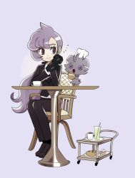 Rule 34 | 1girl, anabel (pokemon), black gloves, black jacket, black pants, bread, brown eyes, chair, chef hat, chirosamu, clothed pokemon, commentary request, creatures (company), cup, drinking straw, earpiece, espurr, eyelashes, food, game freak, gen 6 pokemon, glass, gloves, hat, highres, holding, jacket, long hair, mug, nintendo, pants, pokemon, pokemon (creature), pokemon sm, purple hair, shoes, sitting, smile, table, teacup