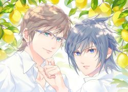 Rule 34 | 2boys, black hair, blue eyes, brown hair, close-up, collared shirt, final fantasy, final fantasy xv, food, fruit, fruit tree, glasses, green eyes, hair between eyes, hand to own mouth, hinoe (dd works), ignis scientia, lemon, looking at viewer, looking back, male focus, multiple boys, noctis lucis caelum, outdoors, parted lips, shirt, short hair, smile, spiked hair, tree, upper body, white shirt