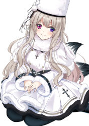 Rule 34 | 1girl, azur lane, black pantyhose, blue eyes, blush, breasts, buttons, closed mouth, commentary, cross, cross necklace, double-breasted, dress, fox tail, full body, fur-trimmed dress, fur-trimmed sleeves, fur hat, fur scarf, fur trim, hair between eyes, hat, heterochromia, irohasu (mmgn7434), jewelry, long hair, looking at viewer, medium breasts, multiple tails, murmansk (azur lane), necklace, own hands together, pantyhose, pleated skirt, purple eyes, silver hair, simple background, sitting, skirt, smile, solo, tail, underbust, wariza, wavy hair, white background, white dress, white hat