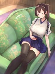 Rule 34 | 10s, 1girl, absurdres, baffu, black thighhighs, blush, breasts, brown hair, closed eyes, couch, hakama, hakama short skirt, hakama skirt, highres, japanese clothes, kaga (kancolle), kantai collection, large breasts, long hair, lying, on back, side ponytail, skirt, sleeping, smile, solo, tasuki, thighhighs