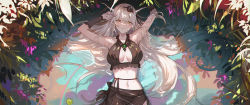 Rule 34 | 1girl, absurdres, alternate costume, arknights, arm warmers, arms up, bikini, black bikini, black flower, black ribbon, breasts, center opening, commentary, cowboy shot, demon horns, ear piercing, flower, grey hair, hair between eyes, hair flower, hair ornament, hair ribbon, highres, horns, in water, jewelry, krin (krinnin), large breasts, light blush, long hair, lying, navel, necklace, on back, outdoors, piercing, plant, pointy ears, ribbon, see-through, shining (arknights), solo, straight-on, swimsuit, very long hair