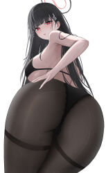 1girl absurdres bare_shoulders black_bra black_hair black_panties black_pantyhose blue_archive bra breasts hair_ornament hairclip halo hand_on_own_hip highres kobamaki large_breasts long_hair looking_at_viewer open_mouth panties pantyhose red_eyes rio_(blue_archive) simple_background solo thighband_pantyhose underwear underwear_only white_background