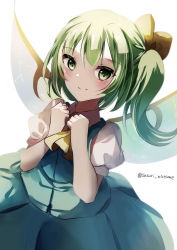 Rule 34 | 1girl, ascot, bad id, bad pixiv id, blue skirt, blue vest, closed mouth, daiyousei, fairy wings, green eyes, green hair, highres, natsume suzuri, shirt, short sleeves, side ponytail, simple background, skirt, smile, solo, touhou, twitter username, vest, white background, white shirt, wings, yellow ascot