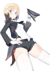 Rule 34 | 1girl, black shorts, blonde hair, blue eyes, blush, breasts, closed mouth, dog tail, ebi (selinanyan), erica hartmann, from below, gloves, hand on own hip, hat, highres, leotard, looking at viewer, looking down, military, military hat, military uniform, short hair, shorts, simple background, small breasts, smile, solo, strike witches, tail, thighhighs, uniform, white background, white gloves, white leotard, white thighhighs, world witches series