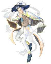 Rule 34 | 1boy, asymmetrical hair, blue eyes, blue footwear, blue hair, blue ribbon, book, brown shirt, brown sleeves, capelet, chin, closed mouth, collared capelet, commentary, cross-laced footwear, denim, english commentary, fingernails, full body, ghost, grimoire, hand on own chin, hat, jeans, long sleeves, maosishu, neck ribbon, open book, original, pants, patterned clothing, puffy long sleeves, puffy sleeves, reading, ribbon, shirt, shoes, short hair, smile, telekinesis, thick eyebrows, turning page, vest, white background, white capelet, white hat, white pants, white vest, witch hat, wizard