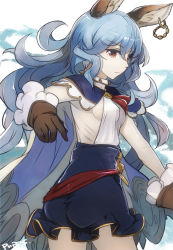 Rule 34 | 10s, 1girl, animal ears, ass, blue hair, blue skirt, breasts, brown gloves, cape, capelet, covered erect nipples, earrings, erune, ferry (granblue fantasy), fox ears, gloves, granblue fantasy, hair between eyes, hoop earrings, jewelry, long hair, pupps, rabbit ears, red eyes, ribs, sideboob, simple background, single earring, skirt, sleeveless, small breasts, solo, very long hair, white background