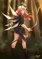 Rule 34 | 1girl, arrow (projectile), black hoodie, black skirt, boots, bow (weapon), brown footwear, commentary, commission, dated, detached wings, english commentary, facing viewer, floating hair, forest, fox mask, from behind, grass, halo, highres, holding, holding bow (weapon), holding weapon, hood, hood down, hoodie, long hair, mask, miniskirt, multiple halos, multiple wings, nature, original, outdoors, pink hair, pleated skirt, quiver, signature, skirt, solo, standing, temachii, tree, weapon, wings