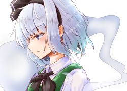 Rule 34 | 1girl, black bow, black bowtie, blue eyes, blush, bow, bowtie, collared shirt, from side, gradient hair, hair bow, konpaku youmu, konpaku youmu (ghost), looking to the side, multicolored hair, oshiaki, parted lips, portrait, profile, red bow, shirt, short hair, simple background, solo, sweat, touhou, white background, white shirt