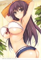Rule 34 | 1girl, absurdres, armpits, arms up, ass, belt, blush, breasts, brown eyes, brown hair, closed mouth, collarbone, highres, indoors, large breasts, leaf, long hair, looking at viewer, midriff, original, plant, scan, shiny skin, short shorts, shorts, smile, solo, strapless, tomose shunsaku, tube top, twisted torso, undressing