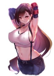 Rule 34 | 1girl, armpits, arms behind head, arms up, backlighting, bare shoulders, black gloves, black skirt, blush, breasts, brown hair, cleavage, closed mouth, collarbone, elbow gloves, elbow pads, final fantasy, final fantasy vii, final fantasy vii remake, gloves, highres, large breasts, long hair, looking at viewer, low-tied long hair, navel, red eyes, shirt, sideboob, simple background, skirt, solo, sunday se7en, suspender skirt, suspenders, tank top, taut clothes, taut shirt, tifa lockhart, white background, white tank top