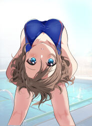 Rule 34 | 1girl, absurdres, bending backward, blue eyes, blush, borgbutler, breasts, brown hair, commission, competition swimsuit, highres, looking at viewer, looking back, love live!, love live! sunshine!!, medium breasts, one-piece swimsuit, pixiv commission, pool, school swimsuit, short hair, solo, straight-on, stretching, swimsuit, watanabe you