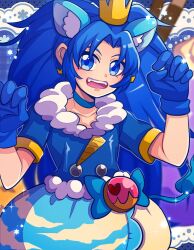 Rule 34 | 1girl, 1jumangoku, animal ear fluff, animal ears, blue background, blue bow, blue choker, blue eyes, blue gloves, blue hair, blue shirt, blue skirt, blue sleeves, bow, bubble skirt, choker, claw pose, collarbone, colored skin, commentary request, cowboy shot, crown, crown earrings, cure gelato, fangs, food, food-themed background, frilled skirt, frills, fur-trimmed shirt, fur trim, gloves, heart, ice cream, kirakira precure a la mode, lace background, light blush, lion ears, lion tail, long hair, magical girl, mini crown, miniskirt, multicolored skin, open mouth, pocky, polka dot, polka dot background, precure, shirt, short sleeves, simple background, skirt, smile, solo, sparkle, star (symbol), tail, tategami aoi, teeth, two-tone skin, upper teeth only, waist bow, white skirt, yellow headwear